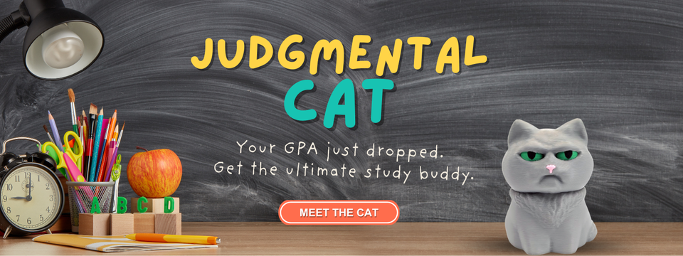 A promotional banner showing a Judgmental Cat sitting on a desk with a chalkboard in the background. The text says,