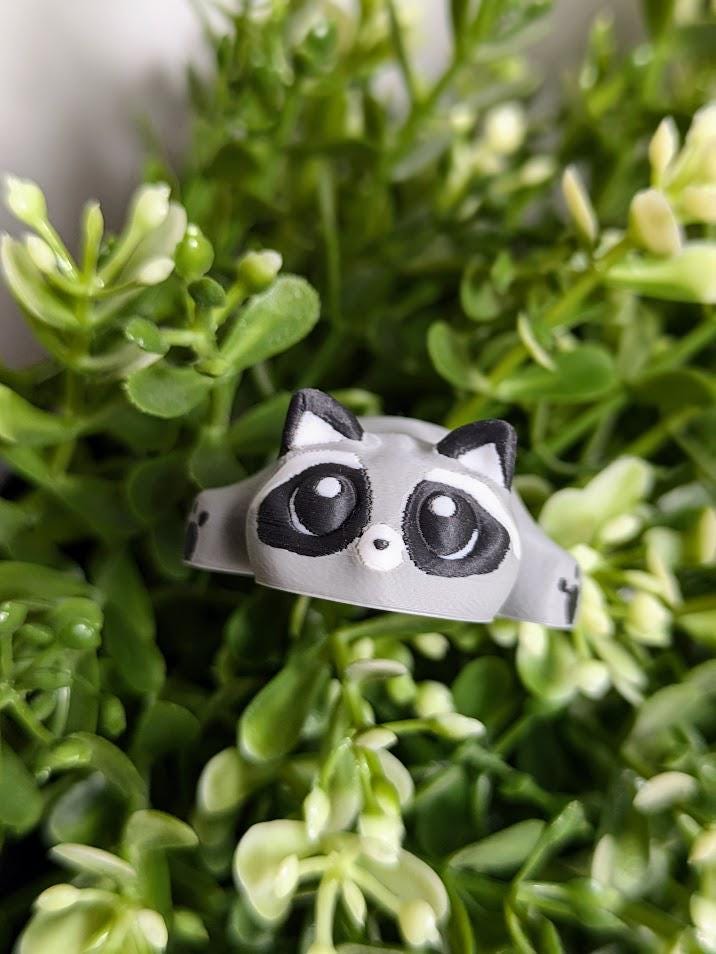 A blob raccoon peeks out from dense greenery, its big eyes staring upward with intense curiosity and a hint of chaos.
