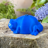 Left side view of Blueberry Frog sitting on a stone surface with background foliage.