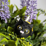 Cat Bee rests among purple flowers with wide, mischievous eyes and a floral garden vibe.