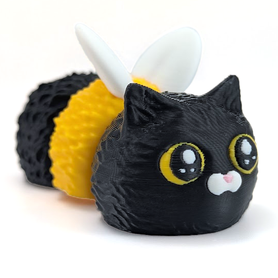 Half cat, half bee! This adorable little cat bee has wide, friendly eyes, a pink nose, and white wings.