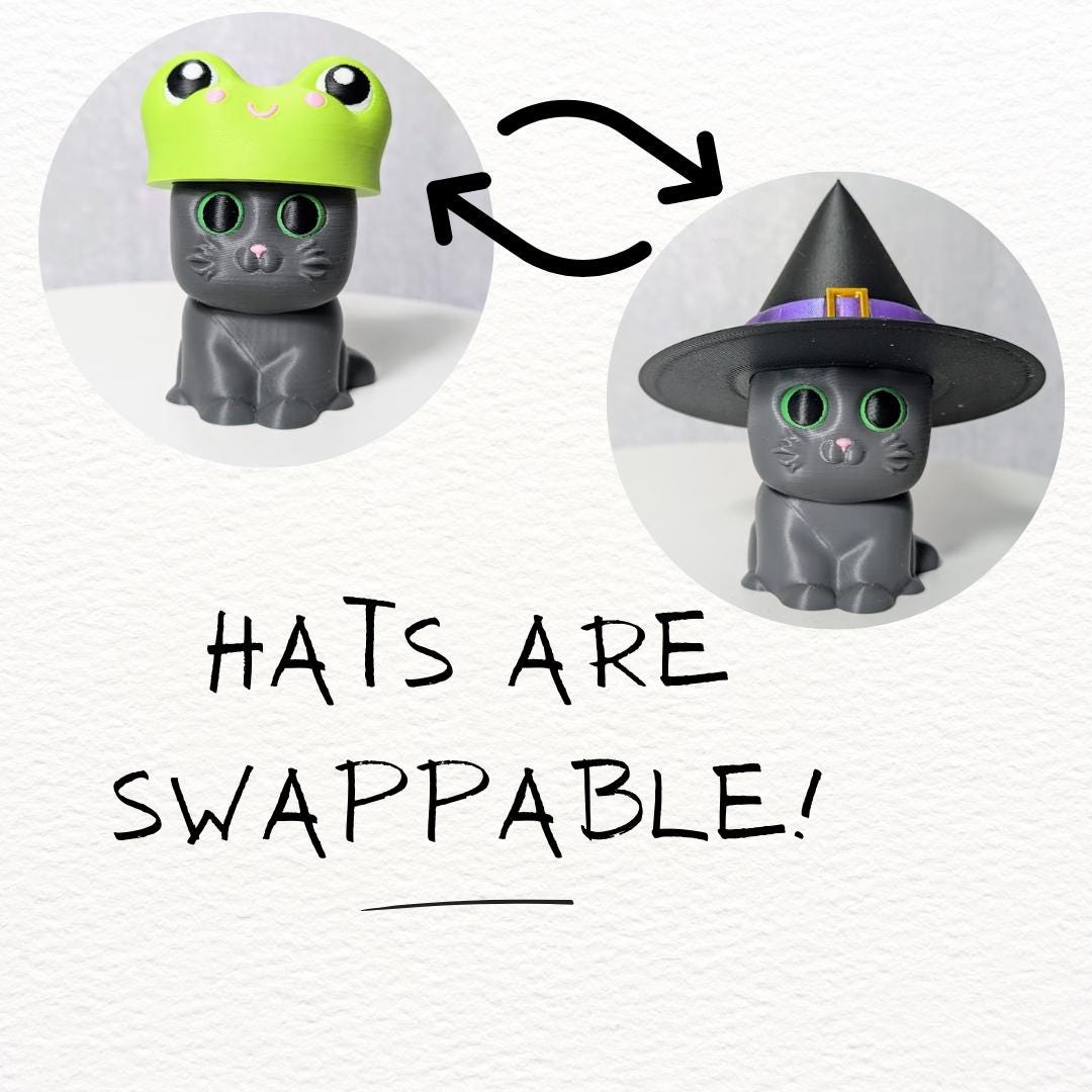 Two cat figurines with different hats and a curved arrow indicating the hats are removable and interchangeable.
