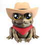 An adorable frog in a cowboy hat and red bandana, with wide yellow eyes and a sweet smile.
