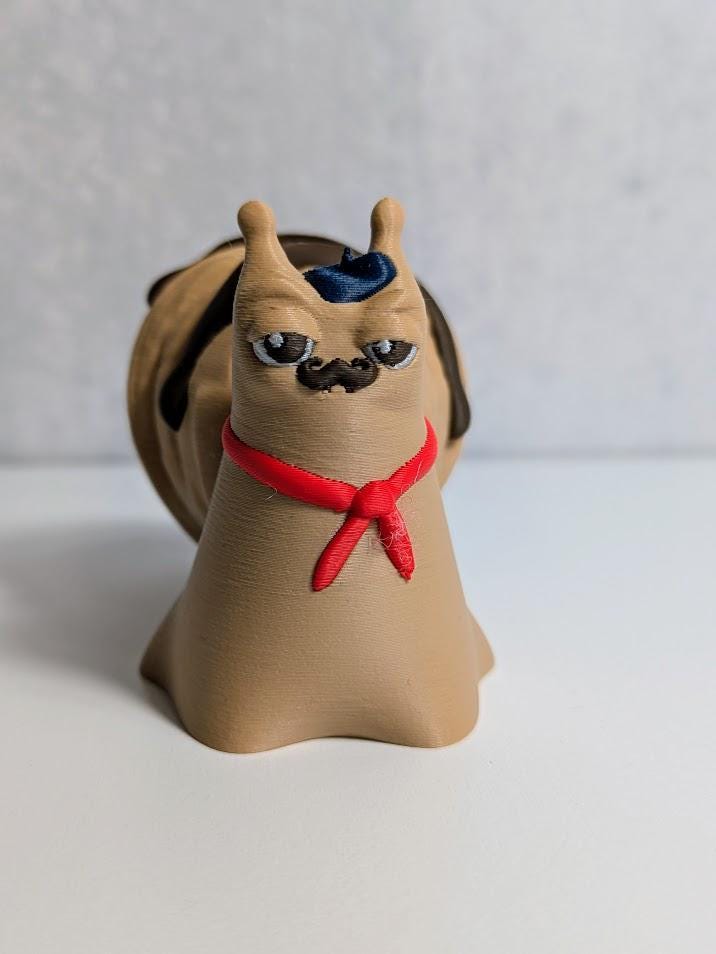 Front view of Le Escargôutier™, the croissant snail with an impeccably curled mustache, tiny snarl, and red neckerchief—looking extremely guilty of pastry crimes.