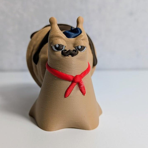 Front view of Le Escargôutier™, the croissant snail with an impeccably curled mustache, tiny snarl, and red neckerchief—looking extremely guilty of pastry crimes.