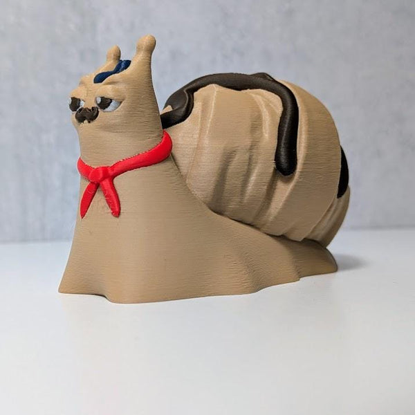 Le Escargôutier™, a croissant snail with a mustache and red neckerchief, gazes smugly to the side with his flaky shell coiled behind him.