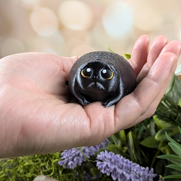 Depressed Dumpling frog resting in a human hand, showing scale and the tiny, chubby form with dramatic golden eyes.