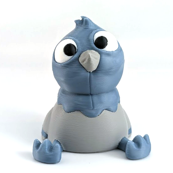 An adorable, derpy looking pigeon with large eyes sits on a white background.