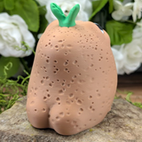 A chubby potato figurine with realistic pockmarks and a small green sprout on top, seen from behind on a stone surface with flowers in the background.