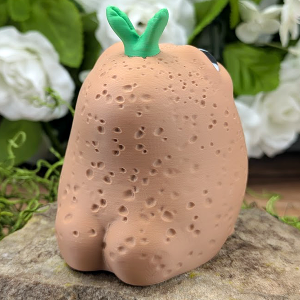A chubby potato figurine with realistic pockmarks and a small green sprout on top, seen from behind on a stone surface with flowers in the background.