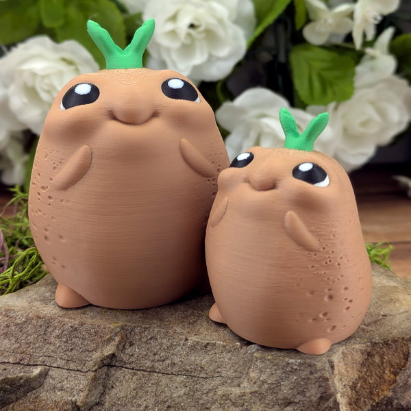 A tall potato and a shorter potato standing side by side on a rock, both with matching sprouts and big smiling eyes.