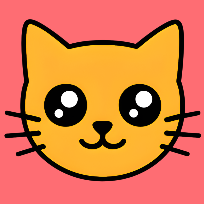 Cute orange cartoon cat face with sparkly eyes on a pink background.
