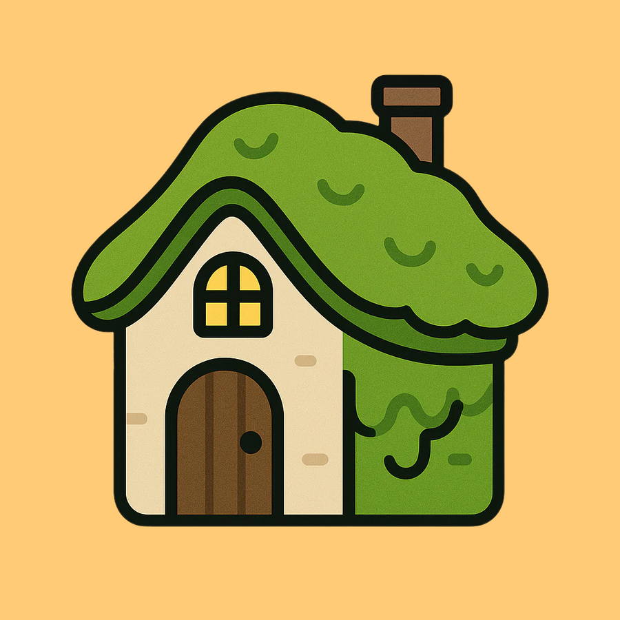 Whimsical green-roofed fairy cottage icon with yellow background.