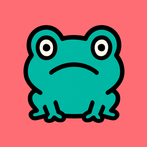 Simple cartoon-style teal frog with wide eyes and a neutral expression on a coral background.