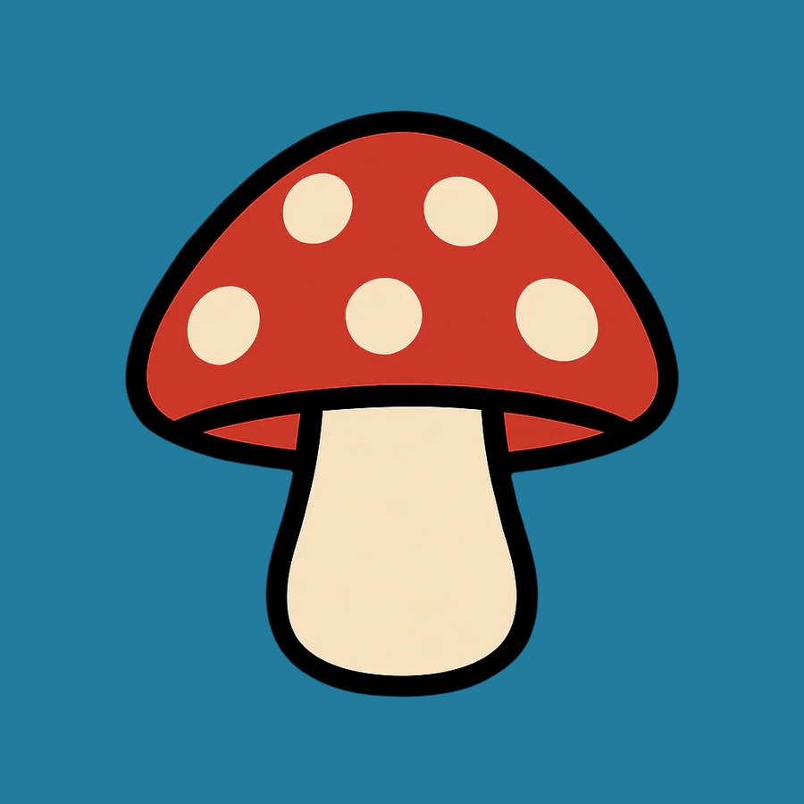 Cartoon red and white spotted mushroom icon with a teal background.