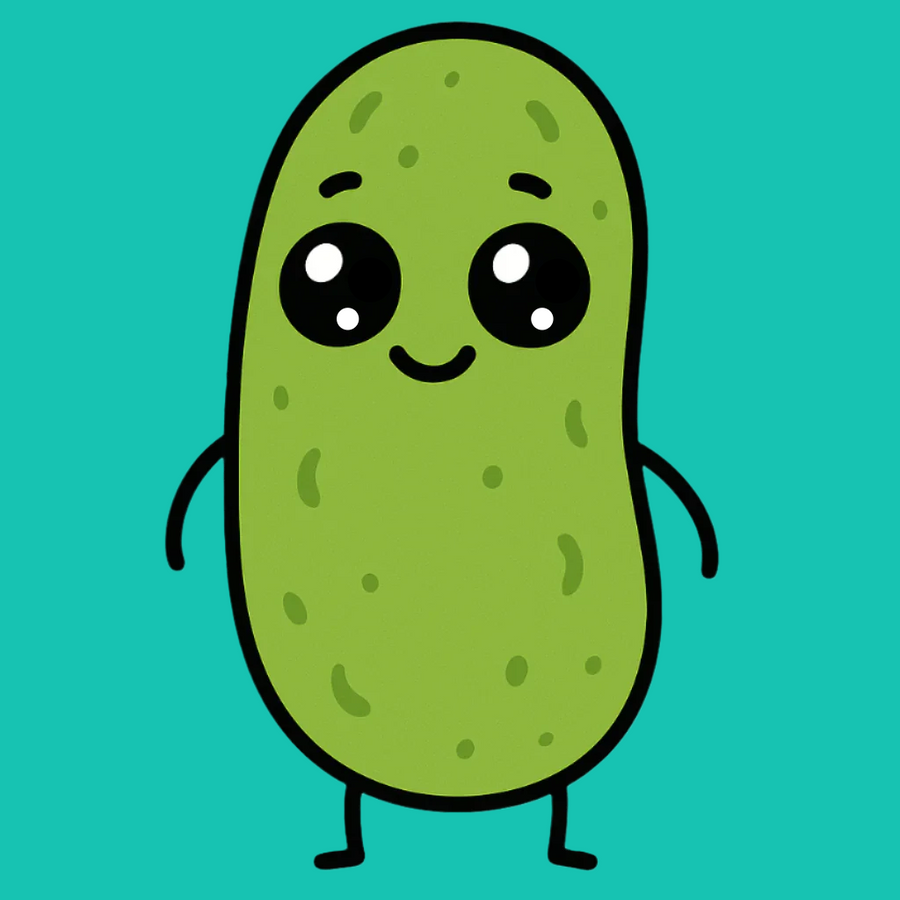Smiling cartoon pickle character with arms and legs on a teal background.