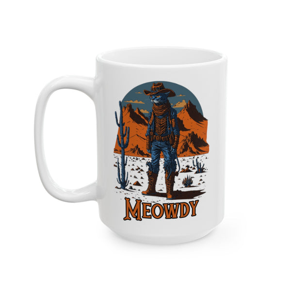 Meowdy Cat Mug Funny Meme Gift for Cat Lover Gift for Cat Dad Absurd Cat Mug for Cowboy, Country Western theme Ironic White Elephant Gift