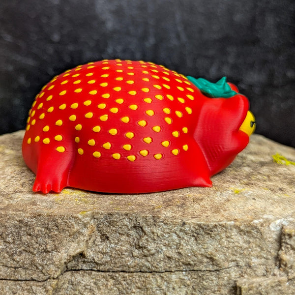 Right side of the frog figurine showing its soft curves and subtle seed texture