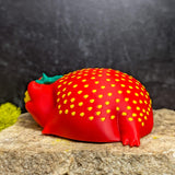 Side view of a small strawberry frog with a chonky body and relaxed expression