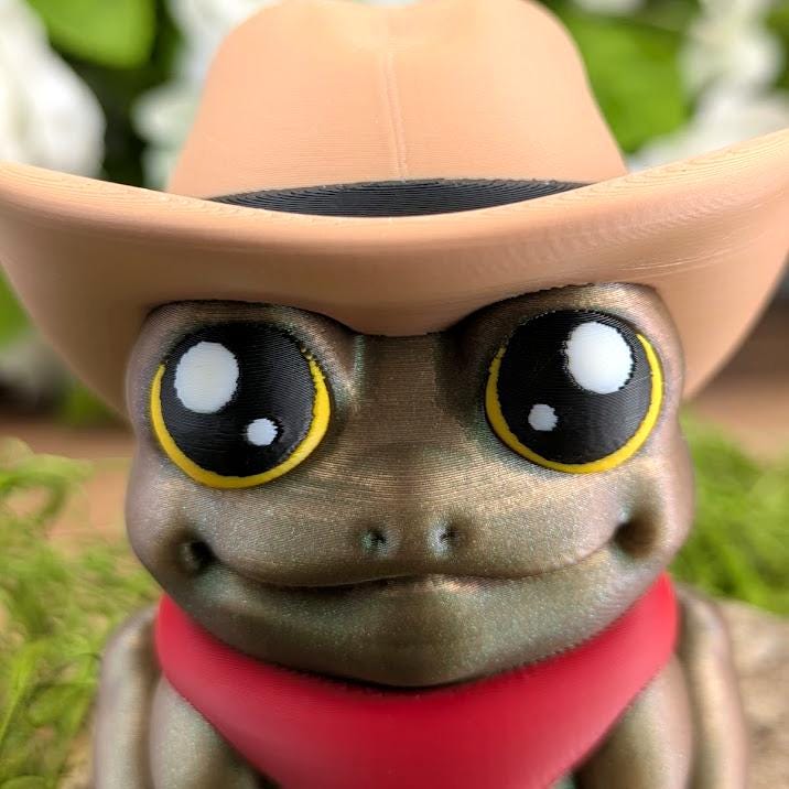 Close-up of Cowboy Frog’s face, focusing on the large expressive eyes, bandana detail, and front of the cowboy hat.