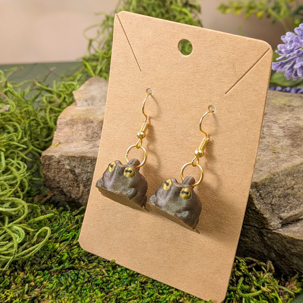 Frog-shaped earrings on a brown card with a natural background