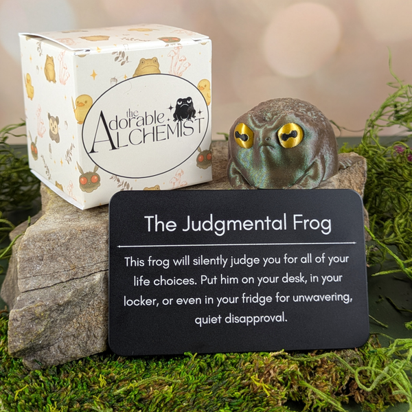 The Judgmental Frog figurine with packaging and metal description card on a natural background
