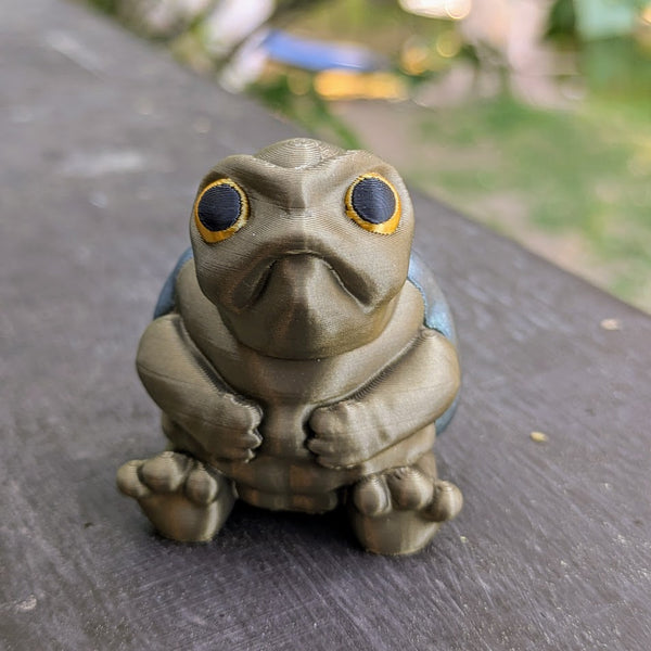 Judgmental Turtle™ front-facing on wood surface with a stern expression.