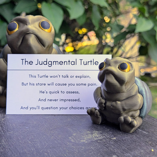 Judgmental Turtle™ next to branded info card describing its design and energy.