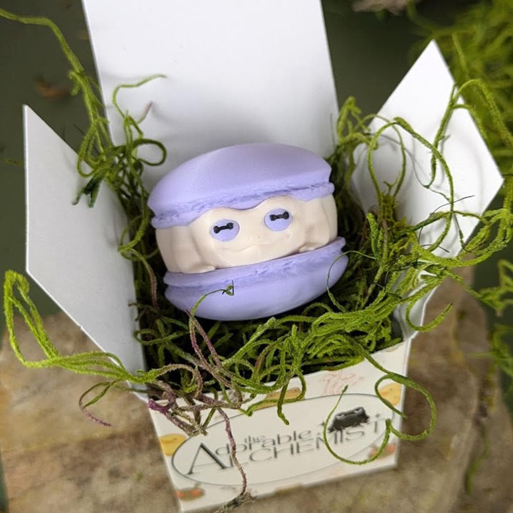 Macaron frog shown from above, seated in a gift box with moss.