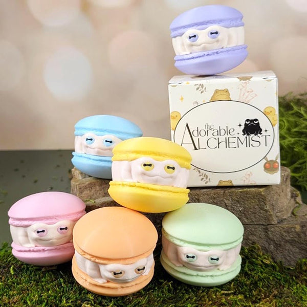 Macaron frogs posed on moss and stone, with branded packaging nearby.