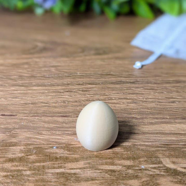 Small, smooth egg-shaped game piece sitting on a rustic wooden surface with a blurred background.