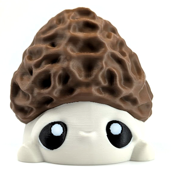 An adorable morel mushroom figurine with big eyes and a sweet face sits on a white background.