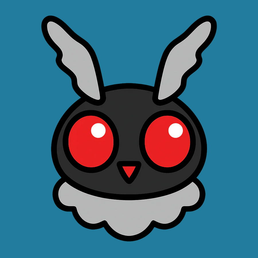 Cartoon black mothman with red eyes and fluffy gray collar on teal background.