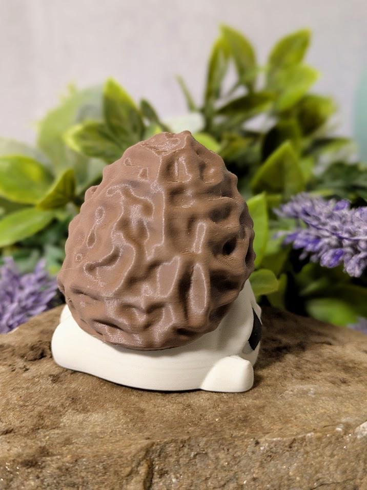 Alternate side view of mushroom figure with focus on cap texture and curved base.