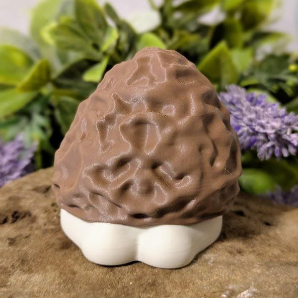 Back view of mushroom figure showing layered morel cap and rounded white base.