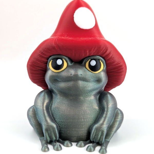 An adorable frog with a mushroom hat on his head is sitting on a white background. He has a serene, happy expression on his face and large yellow eyes.