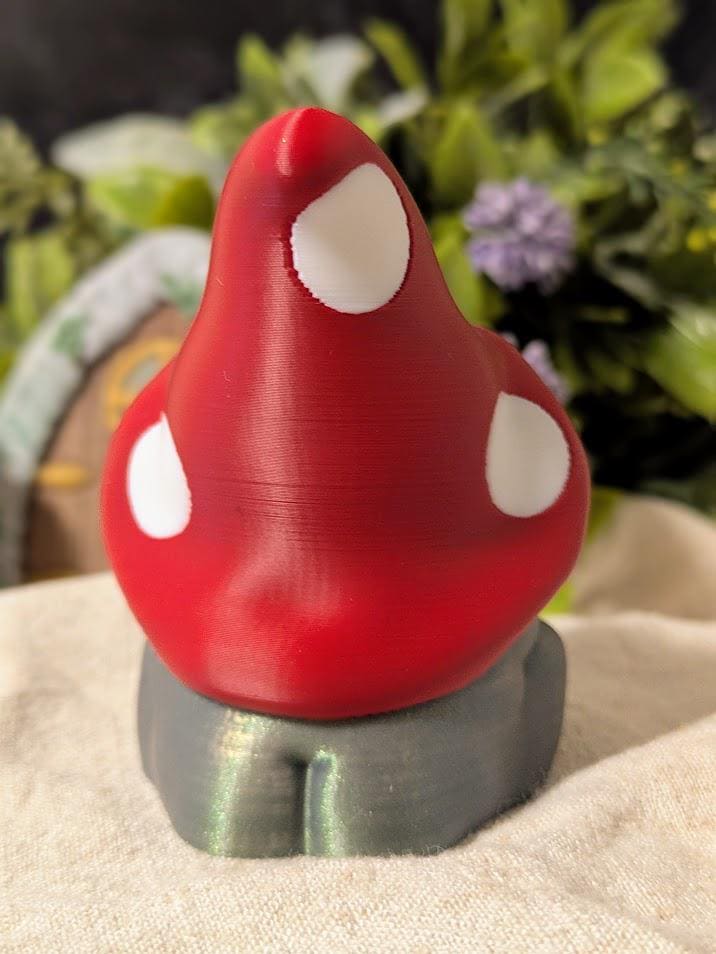 Back view of mushroom hat frog showing curved red cap with white spots and subtle shimmer on the body.