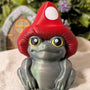Front view of mushroom hat frog posed in front of a tiny fairy door with floral surroundings.