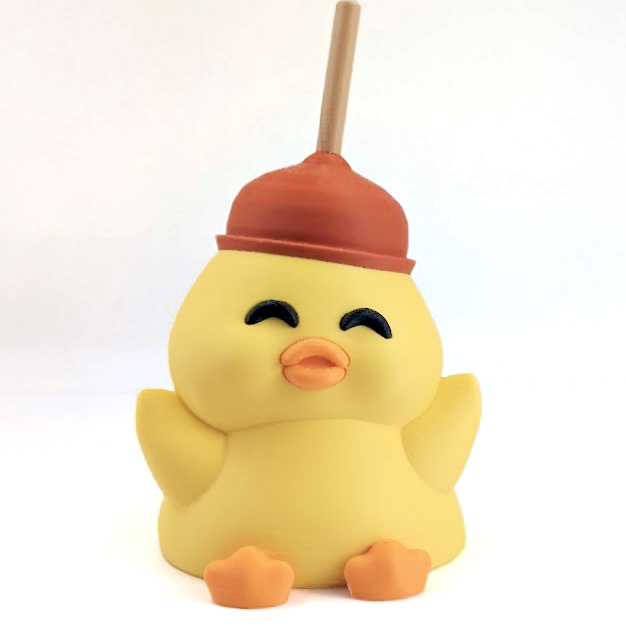 A very silly duck with a plunger on his head sits on a white background.