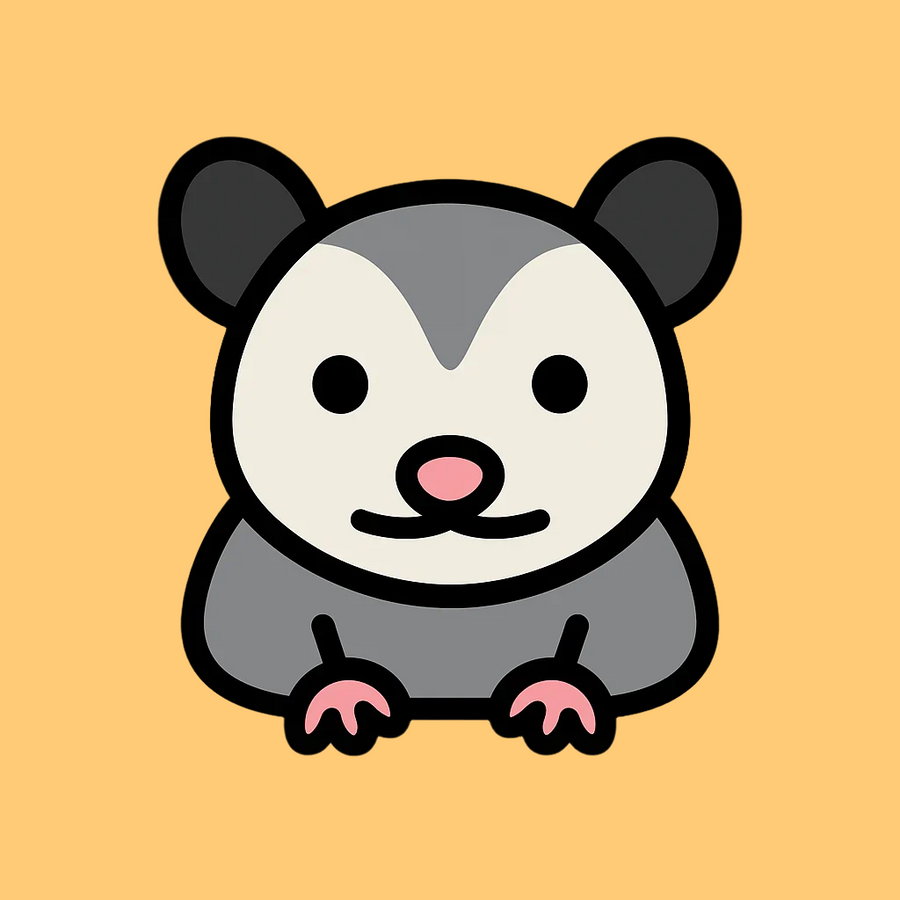 Cartoon possum with pink nose and paws on a peach background.