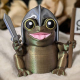 Front-facing view of Sir Glorb™ the frog knight holding a sword and a “For Snacks!” flag, smiling with a proud expression.