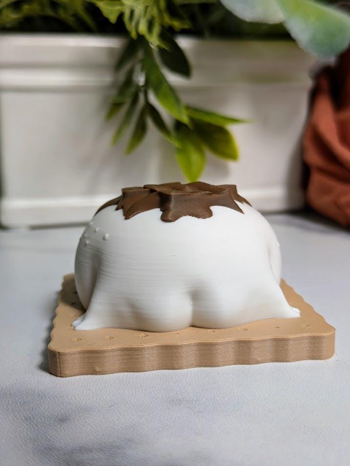 A marshmallowy frog figurine with chocolate drips on its back sits atop a textured graham cracker base, facing backwards with tiny frog feet peeking out.