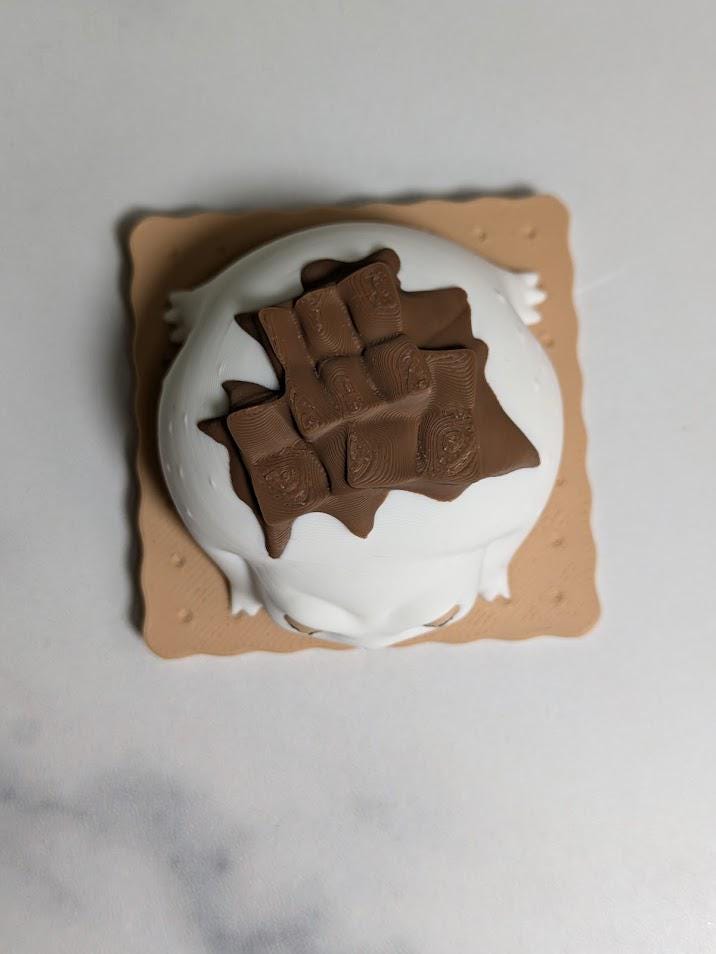 A top-down view of the S’mores Frog sitting calmly on a square graham cracker-like base, with melted chocolate detail across its back.
