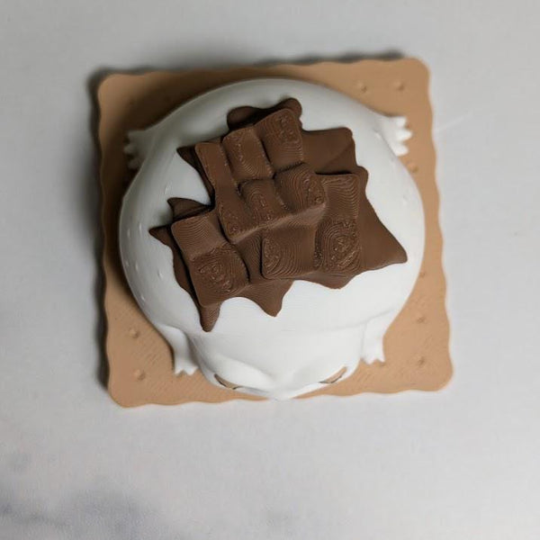 A top-down view of the S’mores Frog sitting calmly on a square graham cracker-like base, with melted chocolate detail across its back.