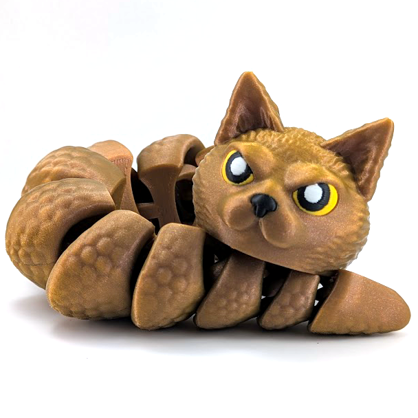 A snake with the head of a cat in a gorgeous, shimmery golden brown color sits on a white background.