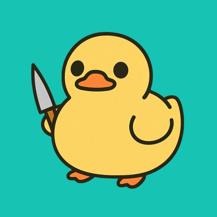 Cartoon yellow duck holding a small knife on turquoise background.