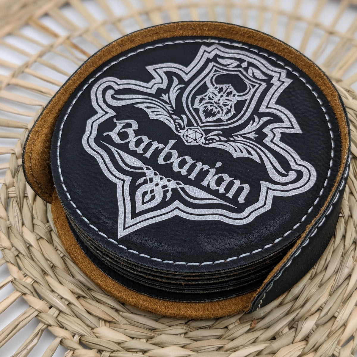 Dungeons and Dragons Coasters with Class Emblem Set of SIX faux leather black and silver D&D DnD Dungeon Master Gift Choose your Class!