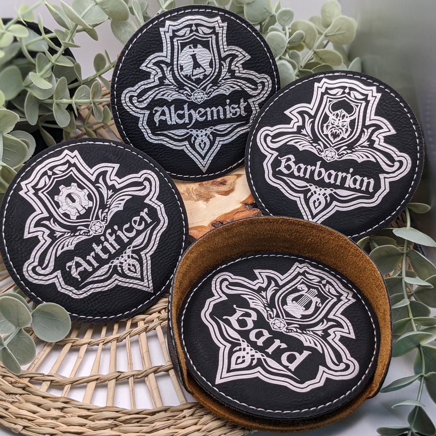 Dungeons and Dragons Coasters with Class Emblem Set of SIX faux leather black and silver D&D DnD Dungeon Master Gift Choose your Class!