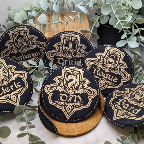 Dungeons and Dragons Coasters with Class Emblem Set of SIX faux leather black and silver D&D DnD Dungeon Master Gift Choose your Class!