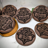 Dungeons and Dragons Coasters with Class Emblem Set of SIX faux leather black and silver D&D DnD Dungeon Master Gift Choose your Class!